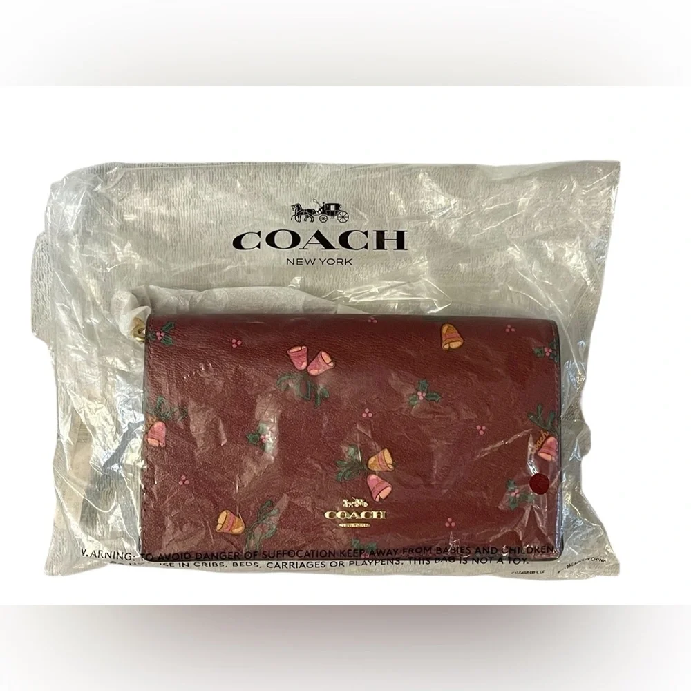 HP x 2 Coach Anna Fold Over Crossbody Clutch Bag Limited Holiday Bells Print NWT